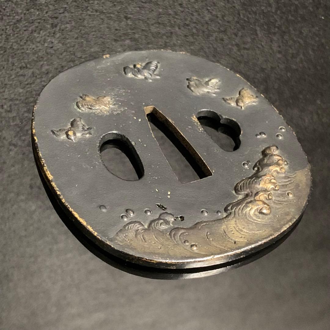 《アンティーク希少レア品！》⭐︎荒波 鳥 鍔つば　江戸期 銅 刀剣鍔♪⭐︎