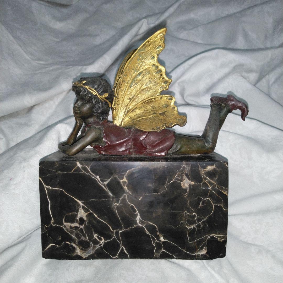 中古　ほおづえ　妖精　天使　少女像 金色の羽　大理石風の台