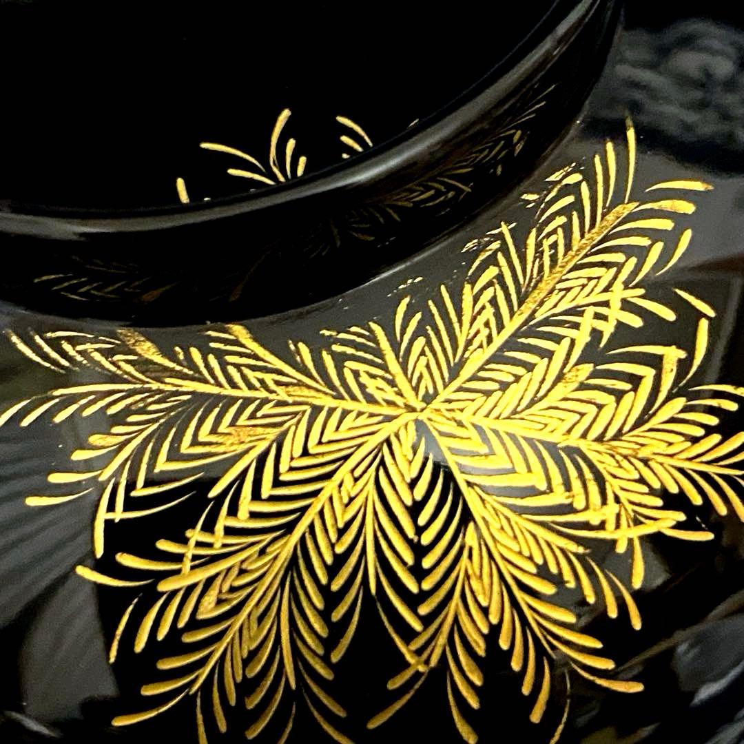 輪島塗　忍紋沈金　木製吸物椀　五客組　共箱有り　高級漆器　羊歯紋　雑煮椀・煮物椀