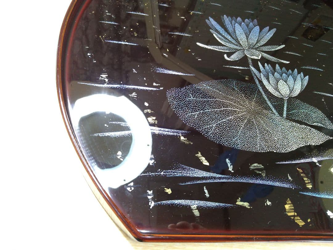 輪島塗沈金 試作「 睡蓮」溜塗り半月盆