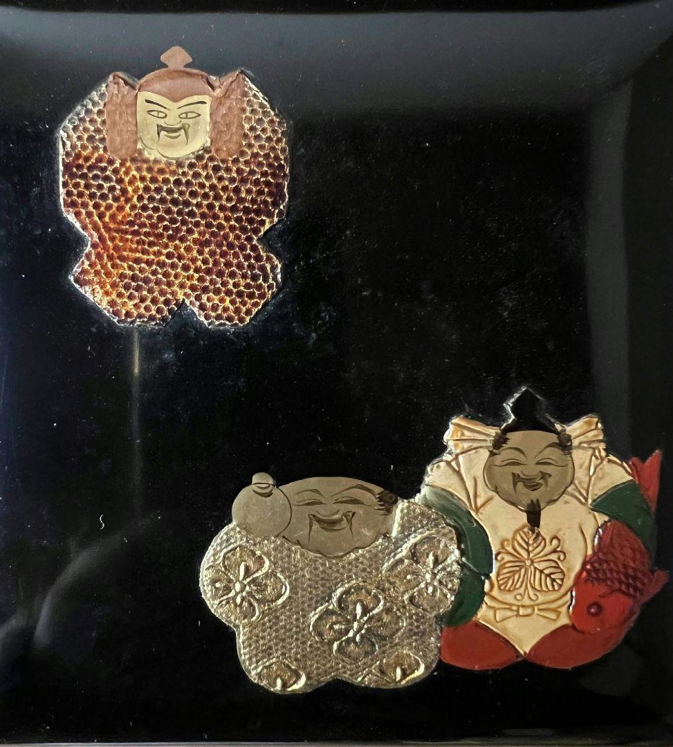 【箱付】漆器 七福神図 盛り絵付け蒔絵 お盆と重箱 アンティーク 骨董品