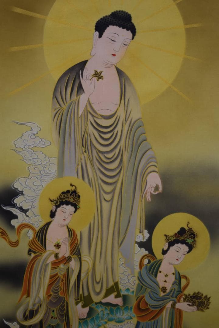 真作/福田素仙/三尊佛図/桐共箱付/布袋屋掛軸HE-951/