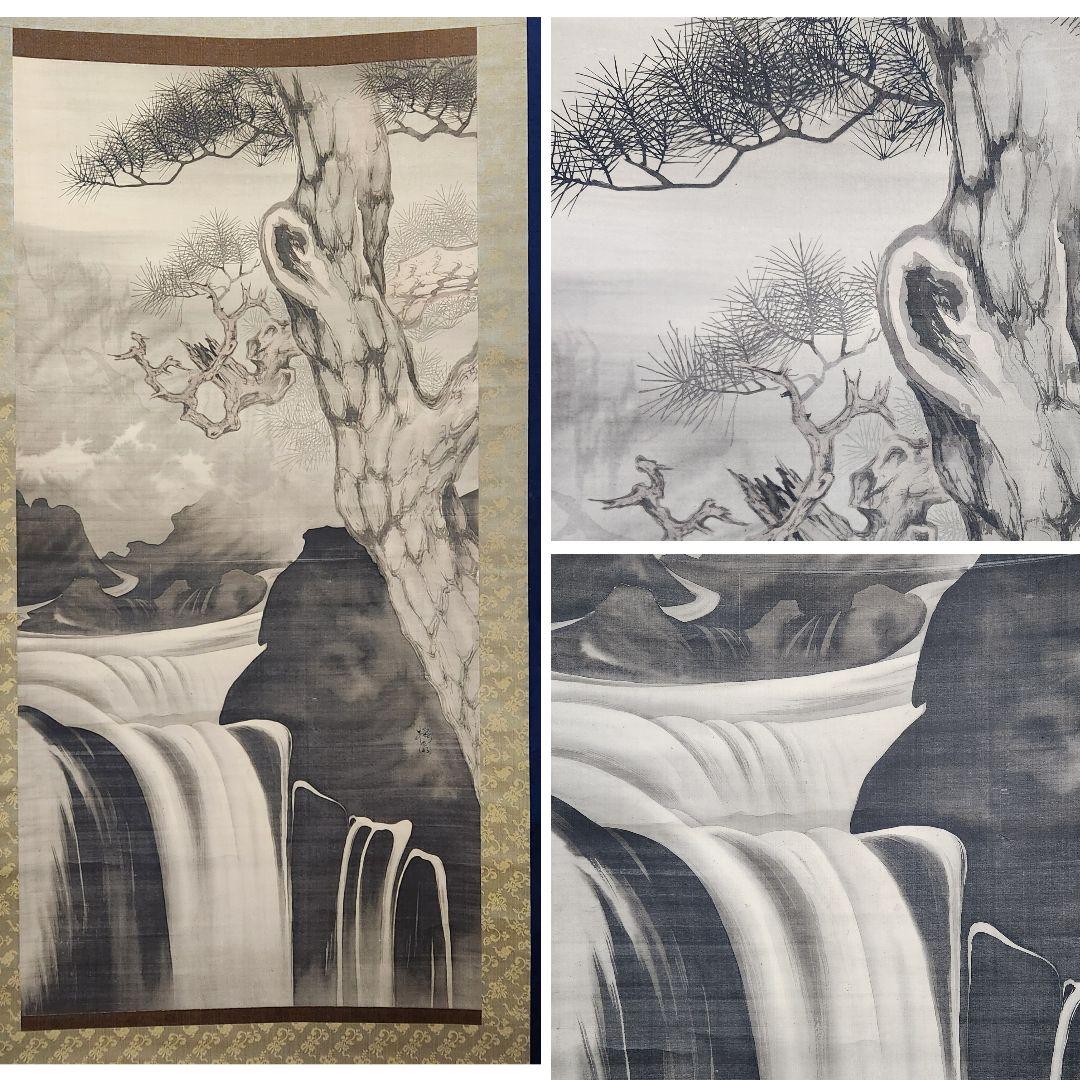 【老松に滝図】樗園　1007 掛け軸　肉筆　迫力　大幅