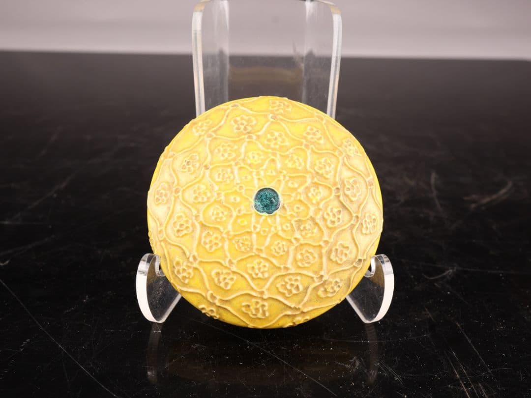 K1848 香合 楽寶作 黄交趾 花文 香道具 箱付き