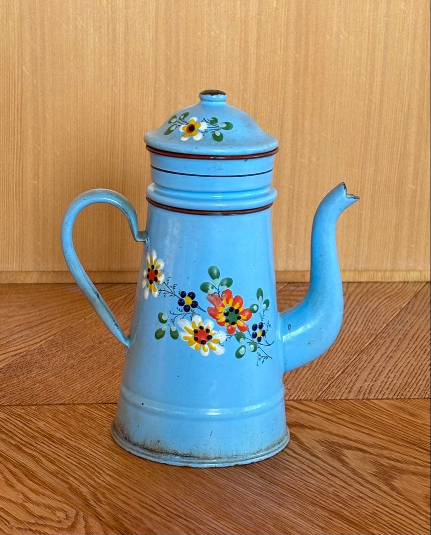 フランスアンティーク ホーローコーヒーポット ブルー 手描きのお花