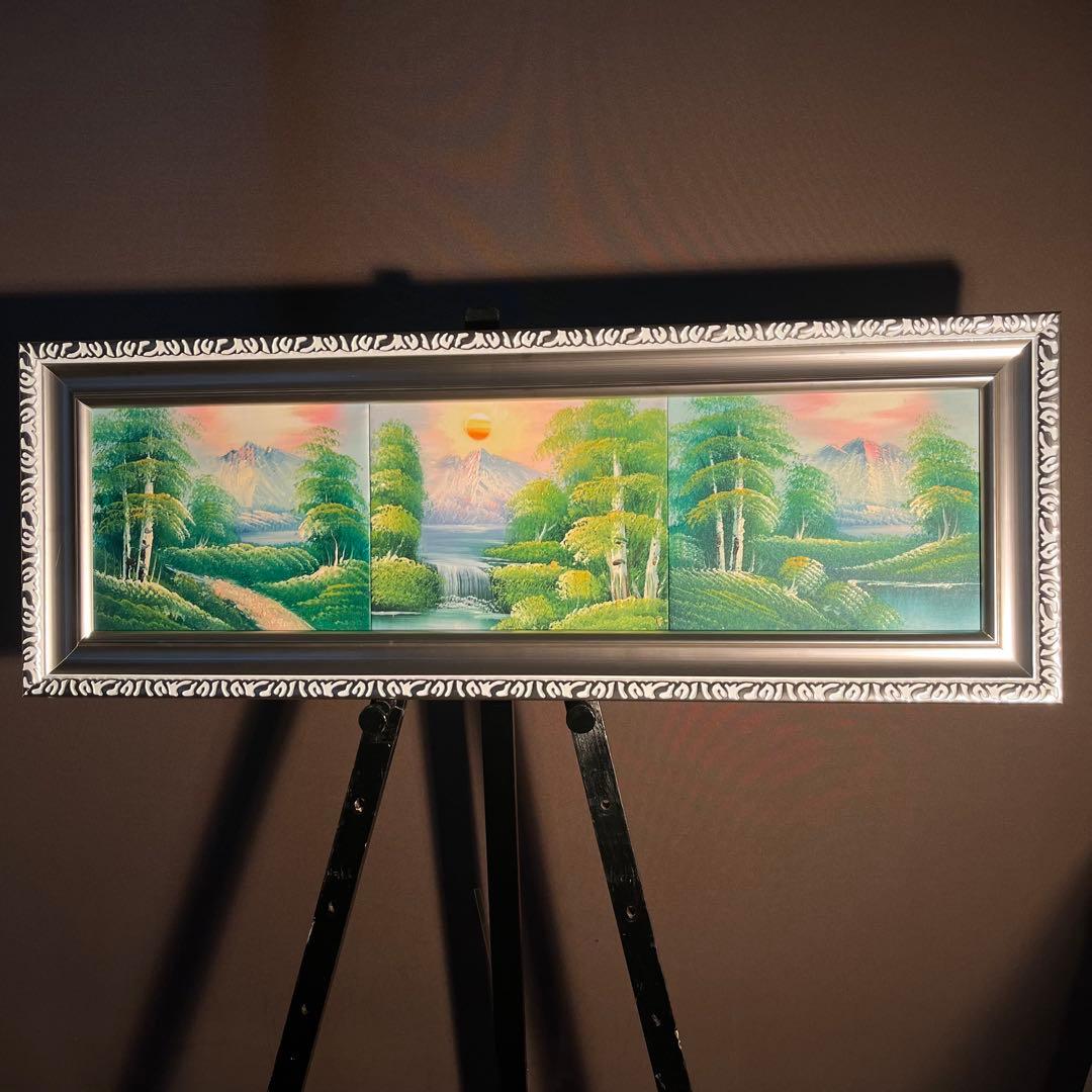 手書き油絵 ３枚組 朝日と山河 額付 額付き 絵画 インテリア 油彩画