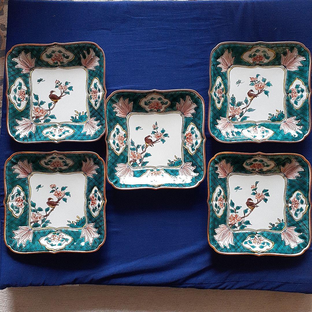 古九谷色絵牡丹蝶々鳥図角皿5客