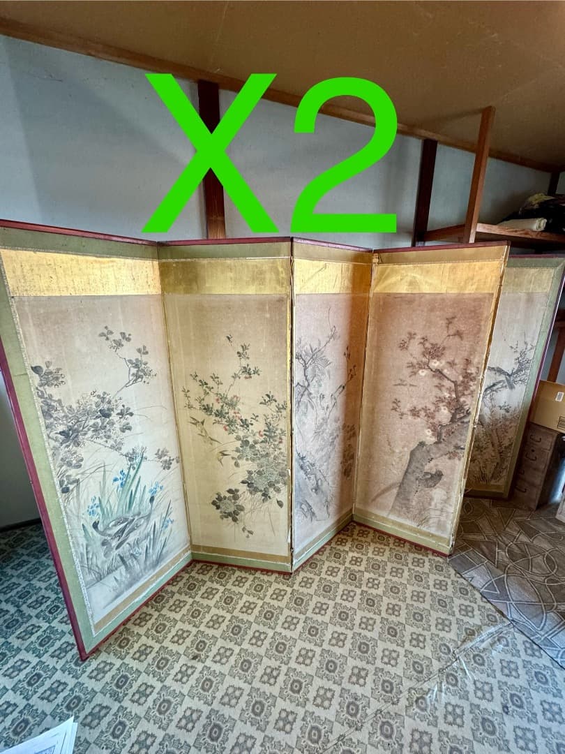江戸後期 ~ 明治初期 六曲屏風 二点セット 鳥花図 美品 アンティーク