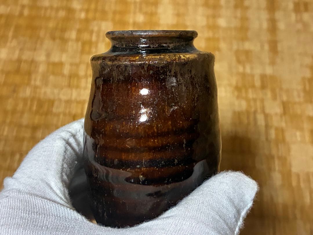 古陶器 飴釉 円筒形 茶入 木箱入 印あり 煎茶道具
