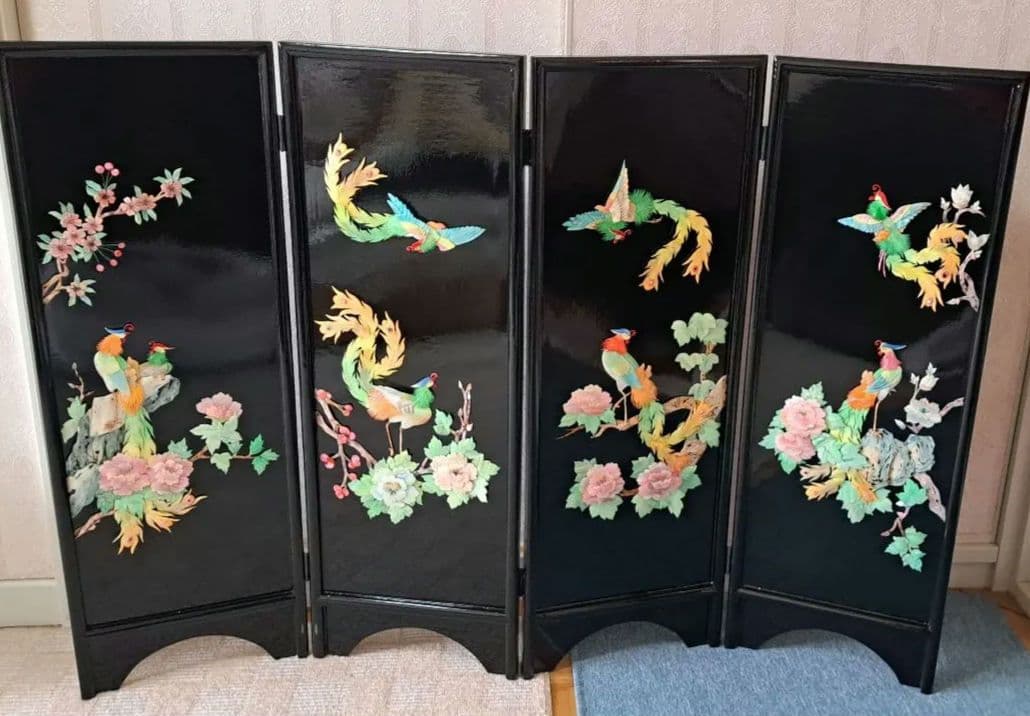 アンティーク骨董品 螺鈿細工 貝細工 花鳥風月 パーティション 屏風 漆塗り