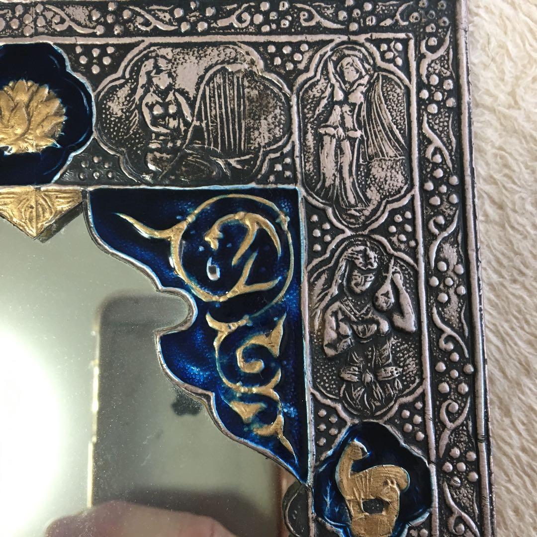 イラン ペルシャ 手彫り 彫金 七宝 鏡 骨董品 アンティーク