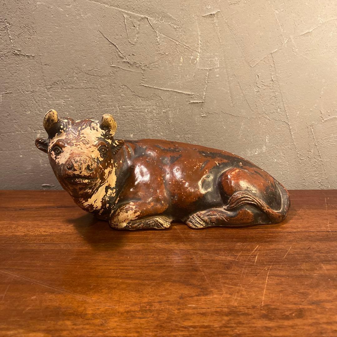 骨董品 陶古園 牛の置物 オブジェ 時代物 コレクション オブジェ