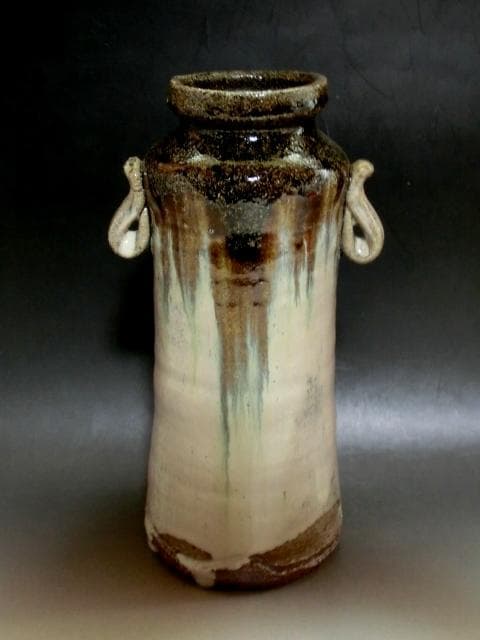 花瓶■唐津 茶陶唐津 鏡山窯【井上東也】花器 耳付き 花入れ 時代物 骨董品■