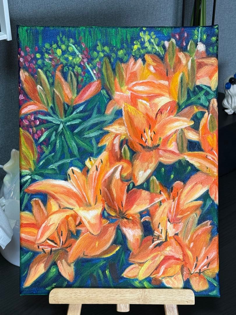 「百合満開」　手描き　油絵　風景画　原画　油彩画　花