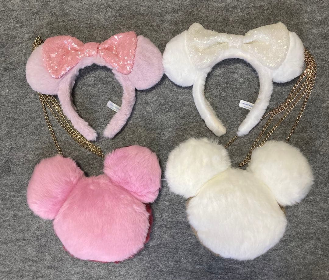 ディズニー　カチューシャ　ショルダーバッグ　もこもこ　ピンク　白　ボア