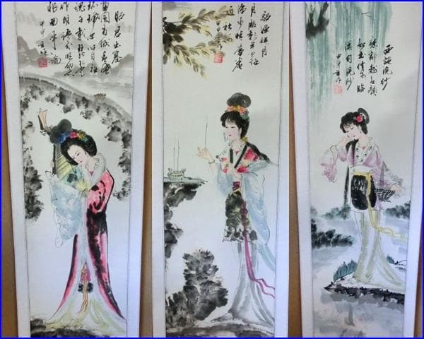 掛軸■美人画 中国女性 田中栄作 3幅対 昭君 西施院紗 渓谷 唐物 骨董品■