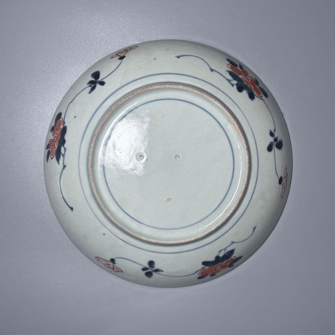 元禄伊万里　色絵花鳥図七寸皿　建築物　金蘭手　赤絵　裏椿文　状態◎　蒐集家旧蔵品