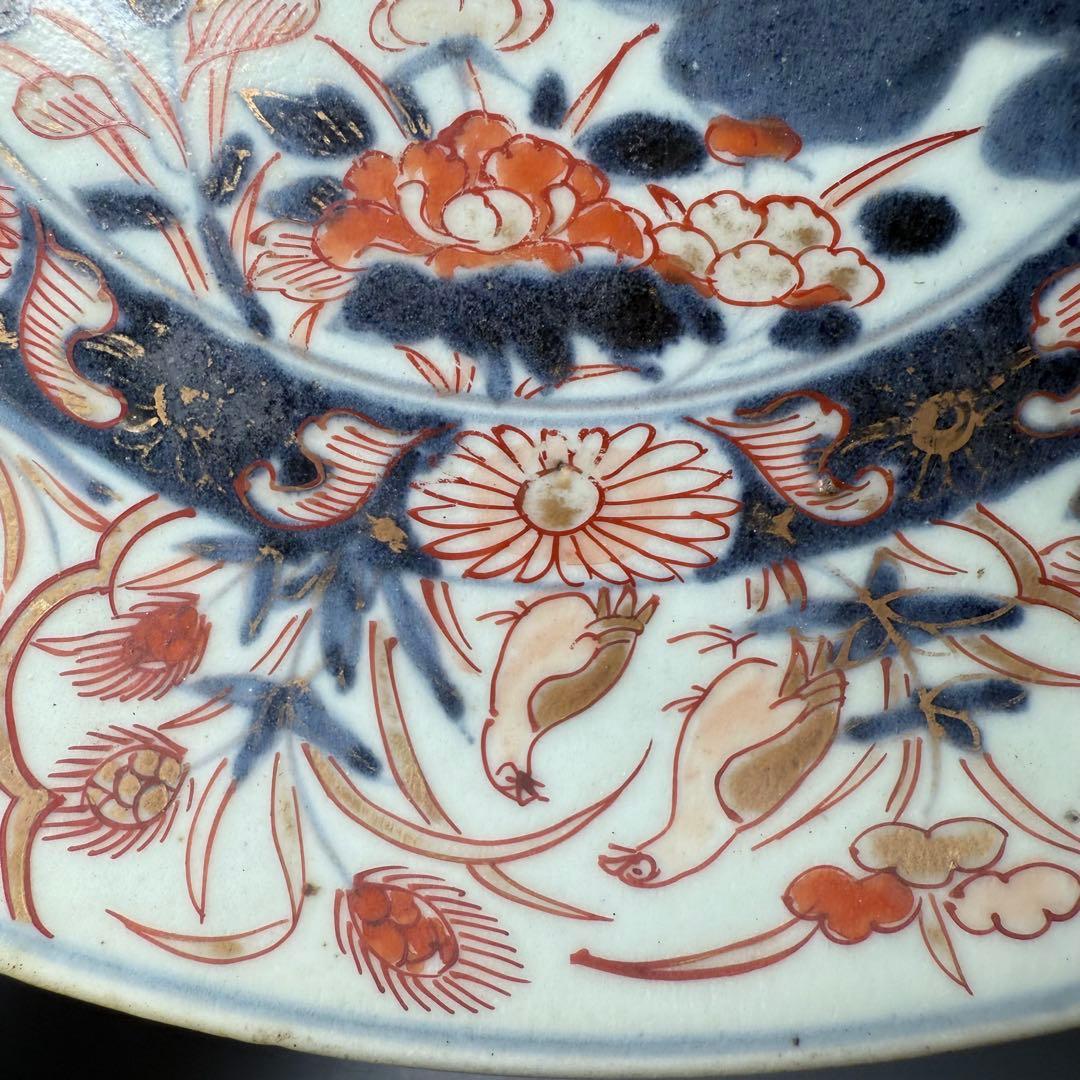 元禄伊万里　色絵花鳥図七寸皿　建築物　金蘭手　赤絵　裏椿文　状態◎　蒐集家旧蔵品