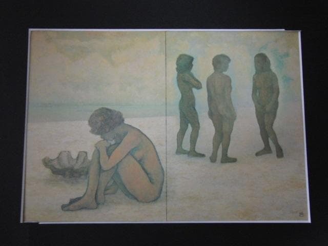 川崎鈴彦、【遠い浜】、希少な額装用画集画、新品高級額 額装付、状態良好