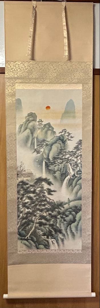 幸堂在銘 山水画 蓬莱山　掛軸 絹本 美術品