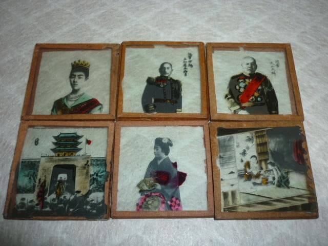 希少 明治～大正期 木箱入◆幻燈機用 ガラス板スライド（写真・天然色）19枚