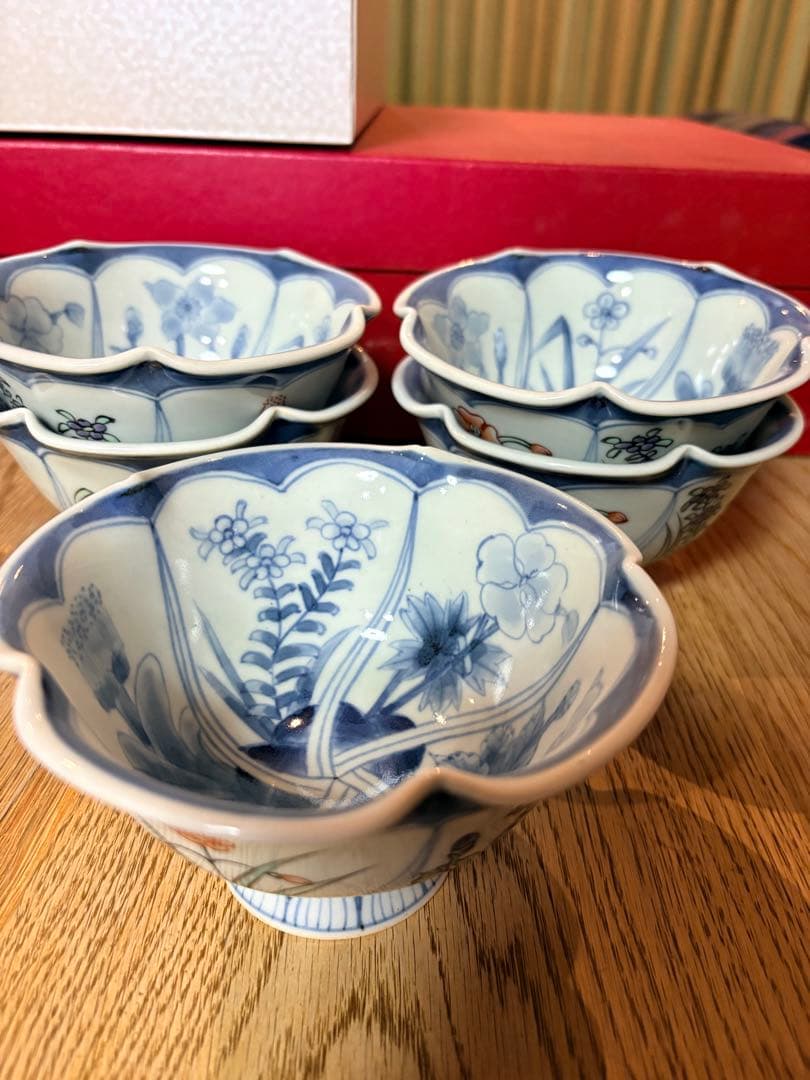 六代佐藤走波の染錦草花文高杯小鉢 5個セット