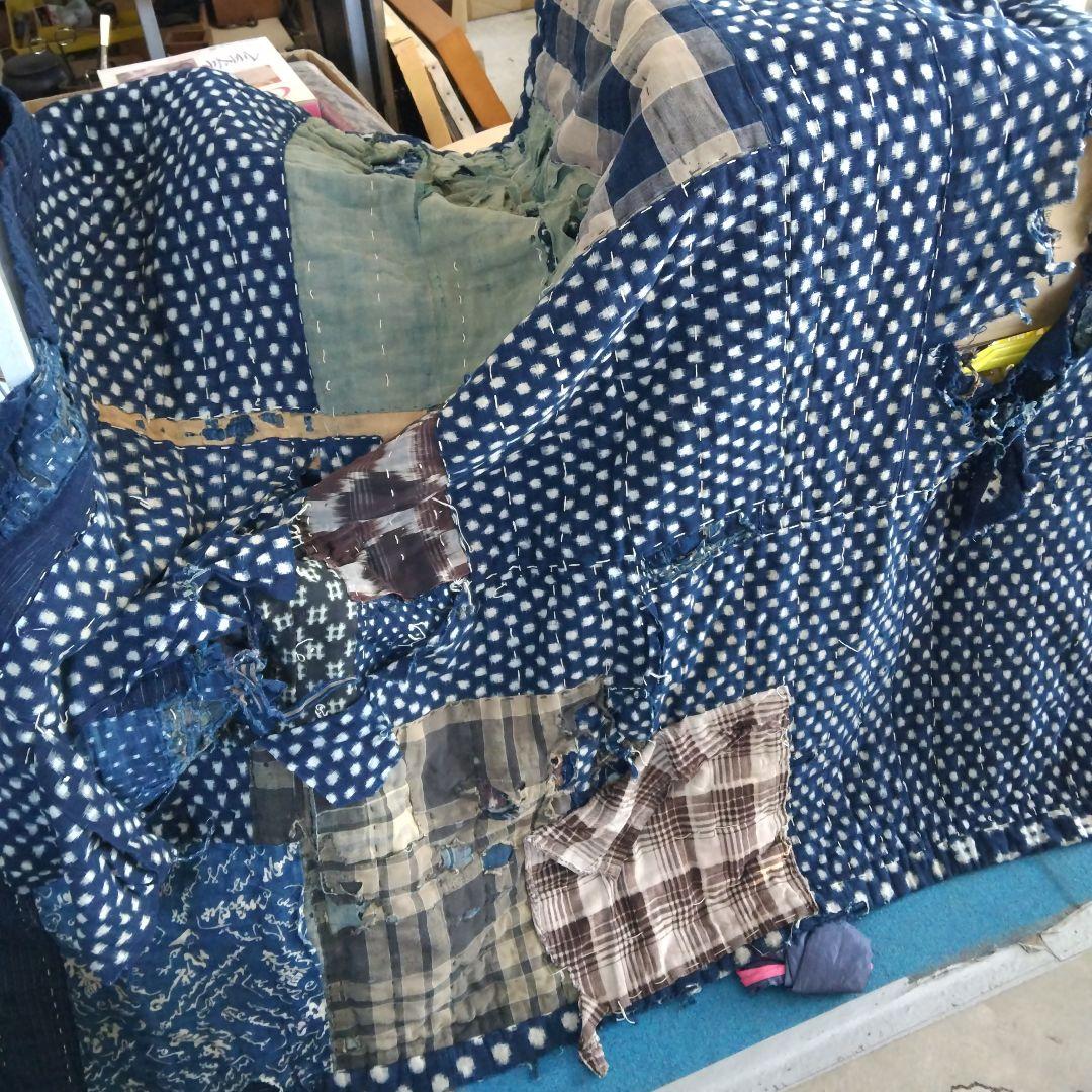 藍色 ボロ布 綿 布団 敷物 大判 骨董品 ボロ布市 明治期
