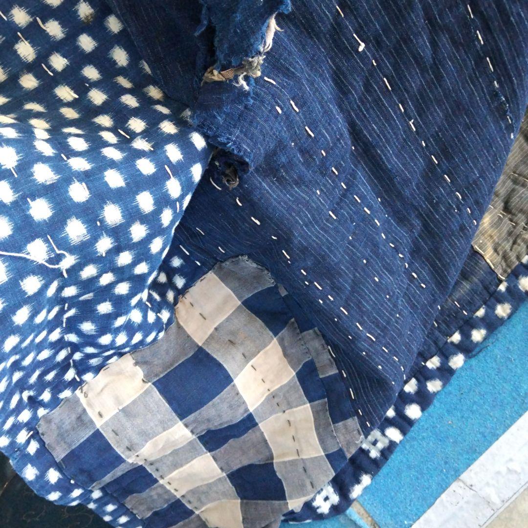 藍色 ボロ布 綿 布団 敷物 大判 骨董品 ボロ布市 明治期