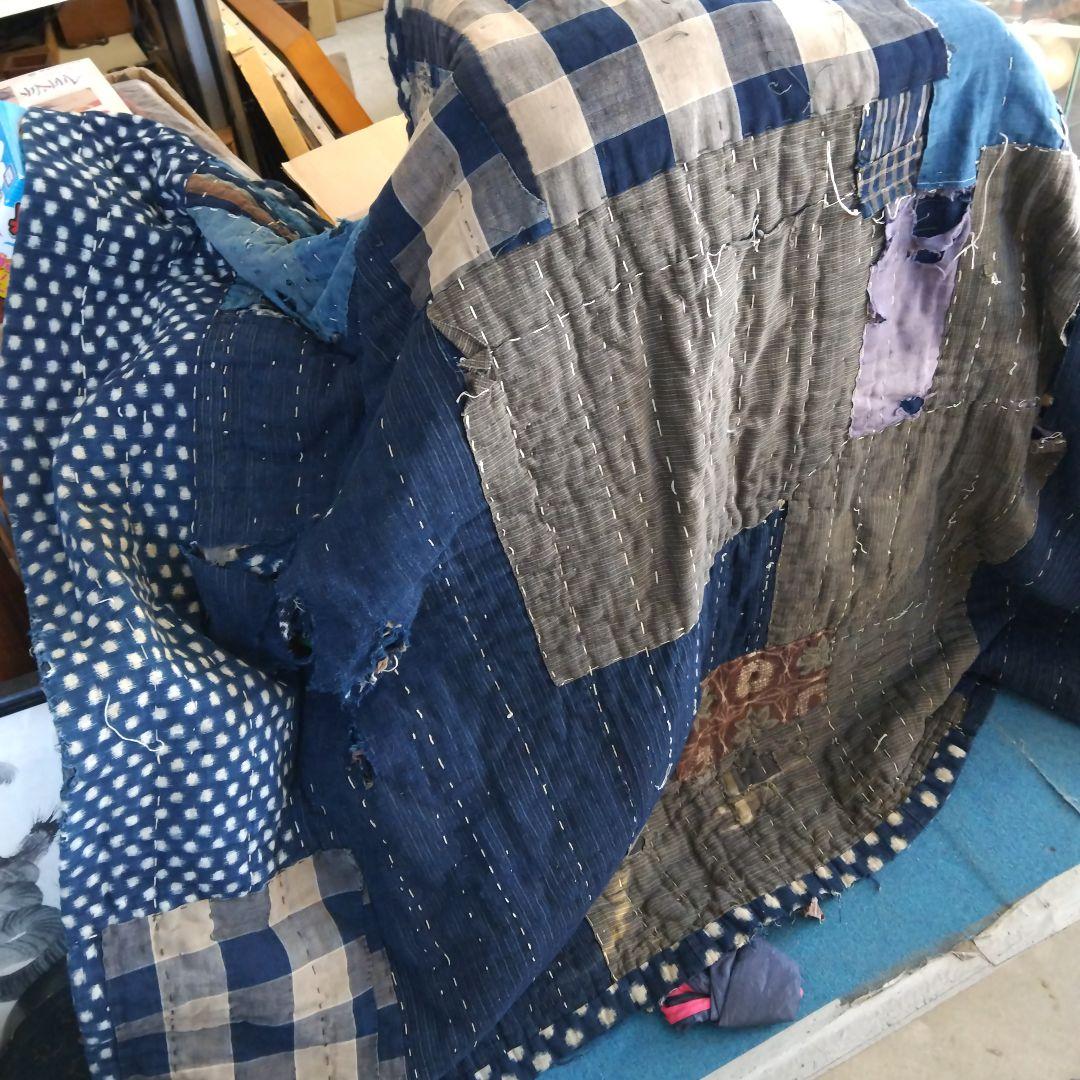 藍色 ボロ布 綿 布団 敷物 大判 骨董品 ボロ布市 明治期