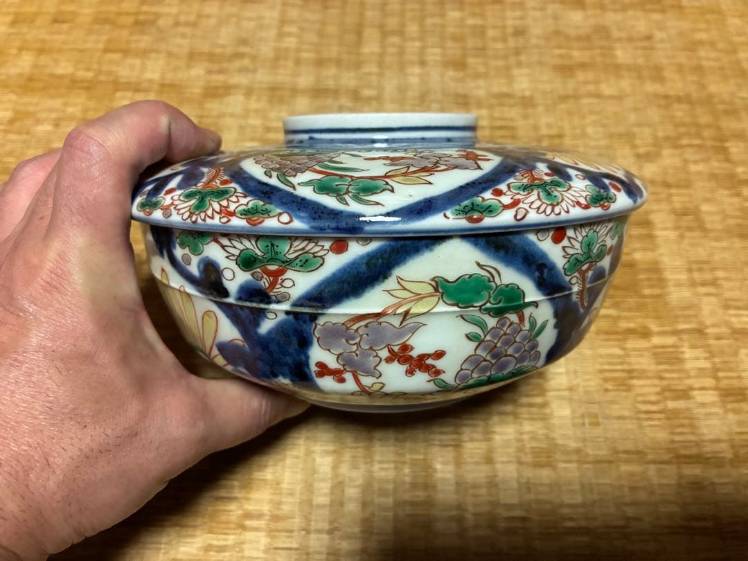 古伊万里 染付 色絵 蓋物 【富貴長春】銘あり 菓子器 菓子鉢 中国骨董
