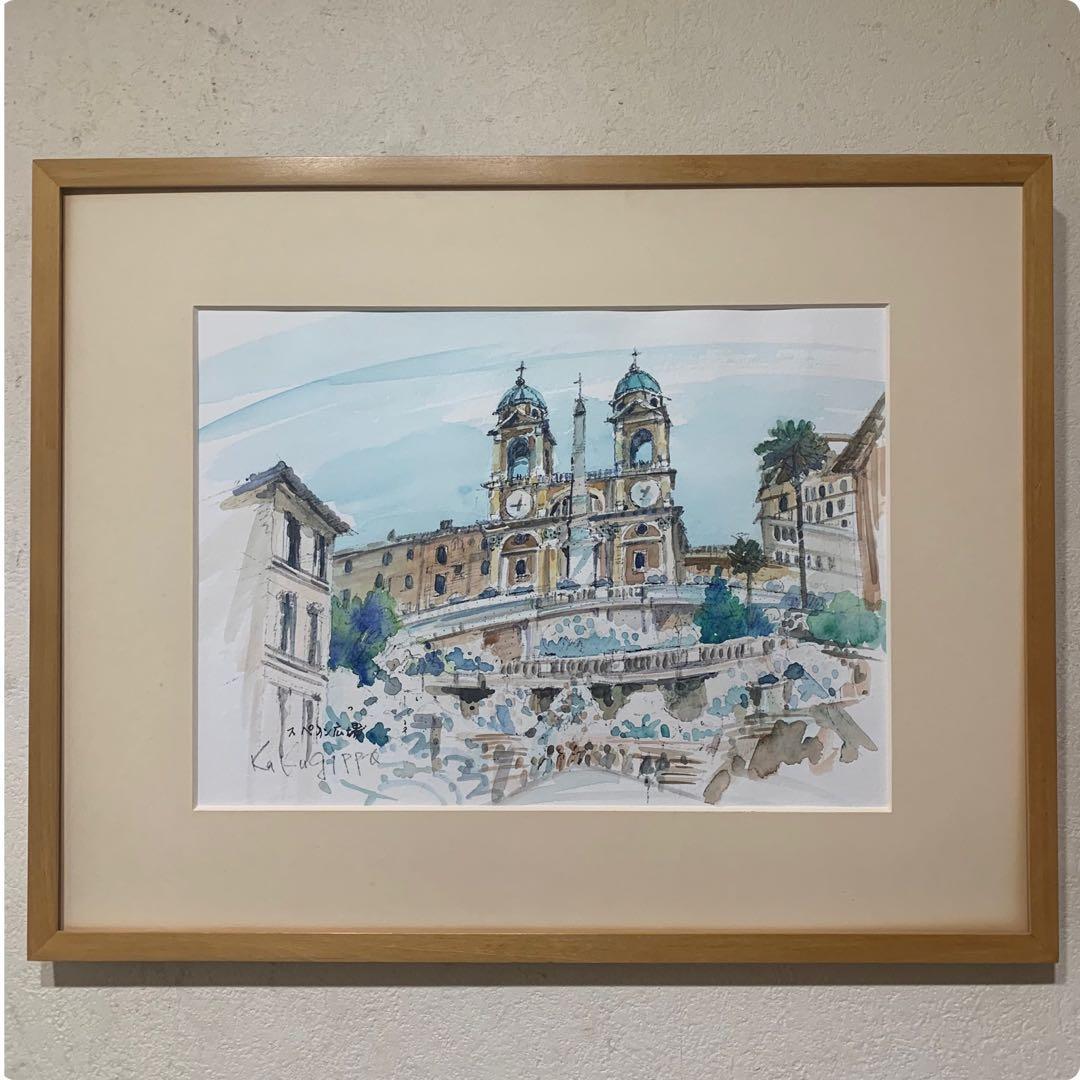 真作　絵画　水彩肉筆画　鶴十帆（カクジッポ）『スペイン広場』直サイン有り