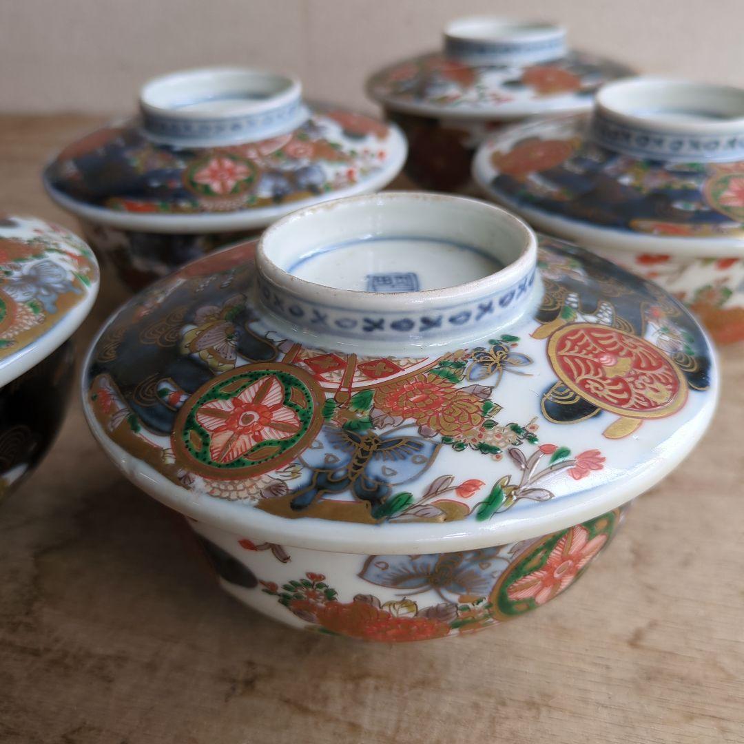 骨董 古伊万里 染錦 蓋茶碗 茶碗 煮物碗 色絵 アンティーク 5つ〜