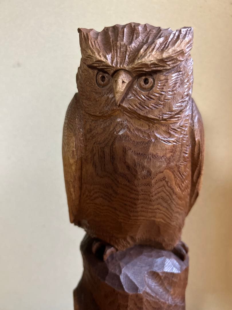 フクロウの木彫彫刻 大場貞義（貞光）作　 【縁起物 希少逸品】送料込み