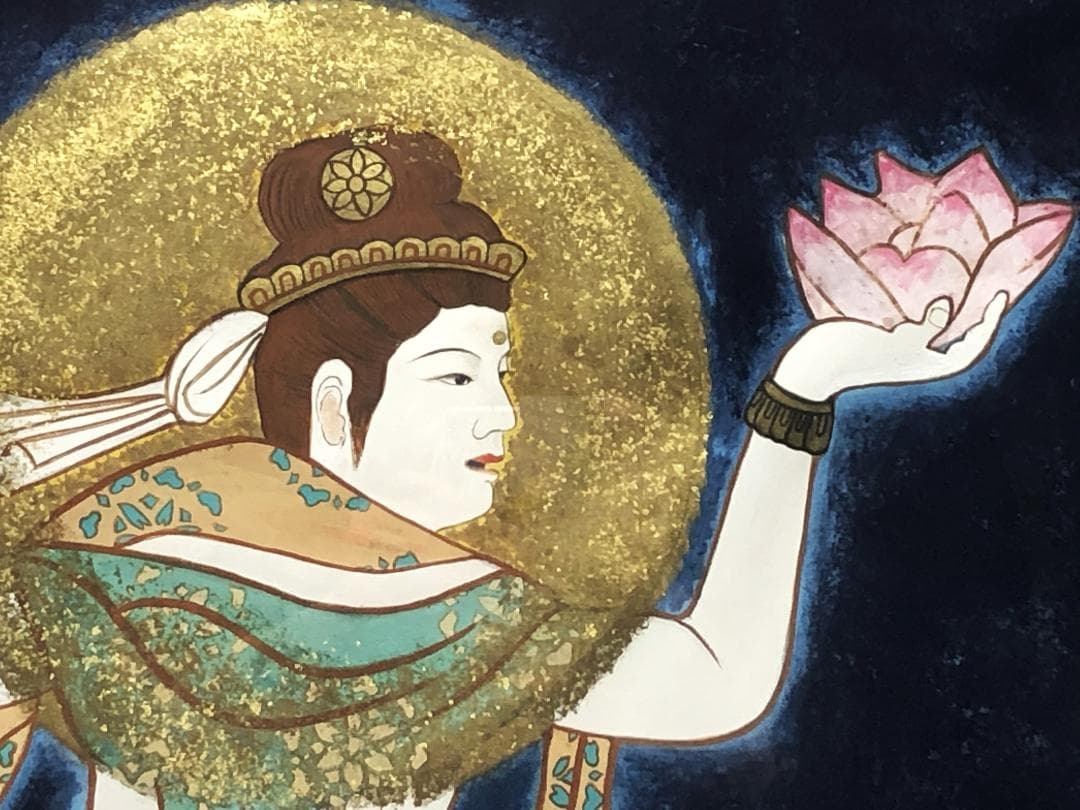 【 月光菩薩・観音図 】　肉筆　大型仏画額　109×92ｃｍ　日本画