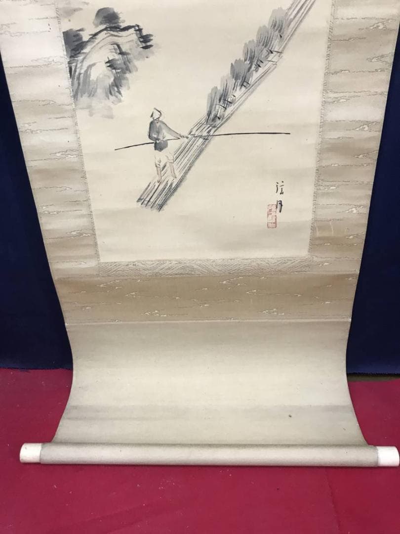 【真作】矢沢弦月/嵐峡筏下り図/山水図/嵐山図/掛軸/名家伝来/AC-52