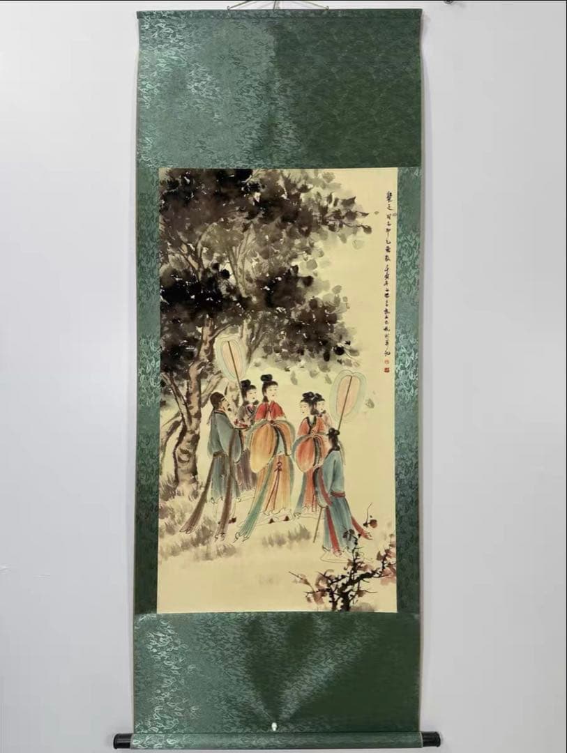 傅抱石《官苑遊怡図》　三尺中堂　掛軸　中国名人書画　人物画　防伪标识付