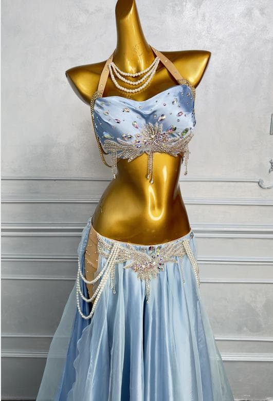 新品未使用 ベリーダンス衣装 高級舞台用 青色 ロングスカートセット M L