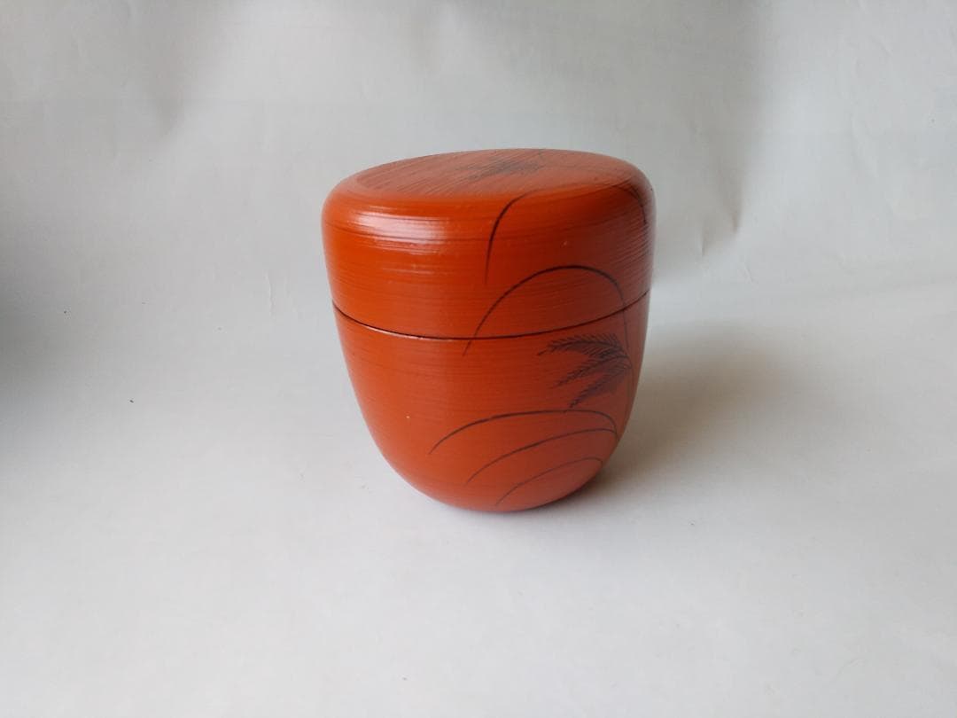 山中塗 蒔絵師 筑城筑良 作 朱刷毛目 ススキ 中棗 漆器 漆芸 棗 共箱 新品