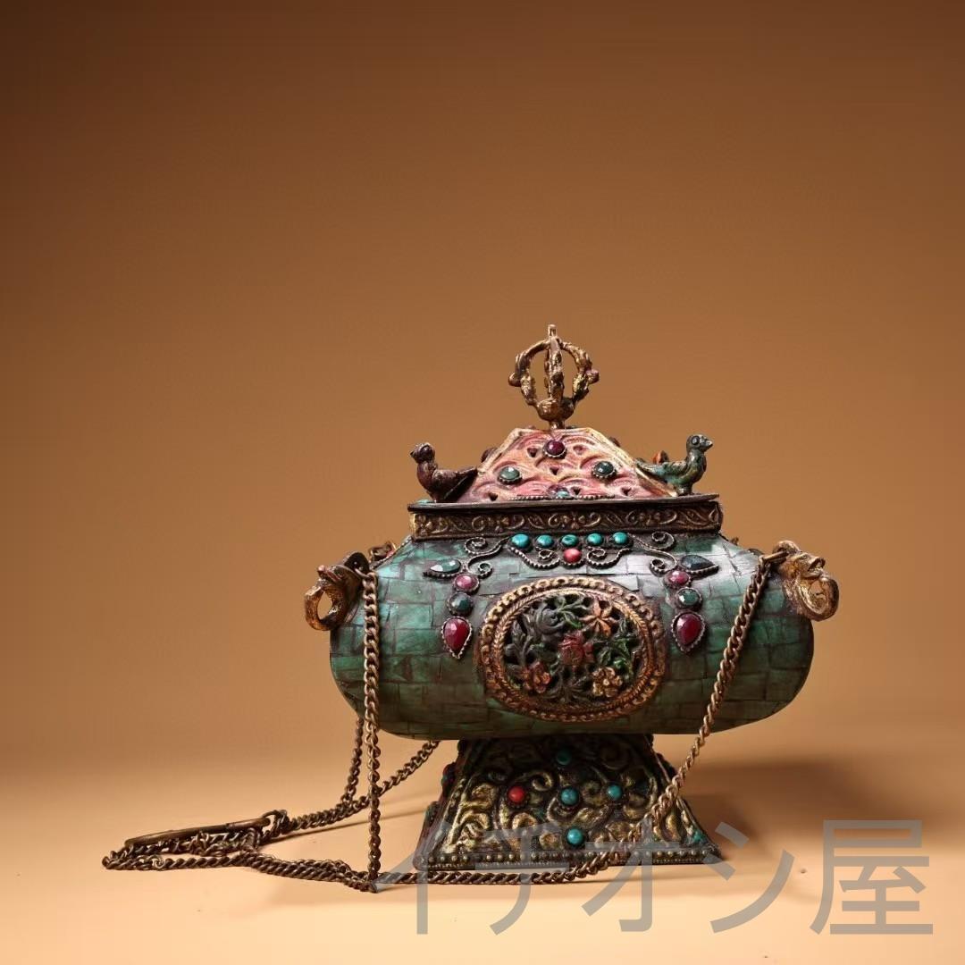 中国古美術 旧藏 西藏 仏教 銅製 吊香炉 彩绘描金 宝石嵌 藏伝工芸 古銅器