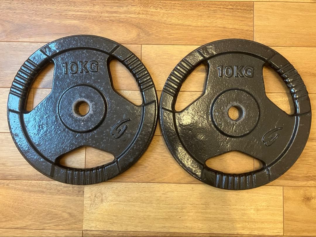 バーベルシャフト、5kgプレート4枚、10kgプレート2枚