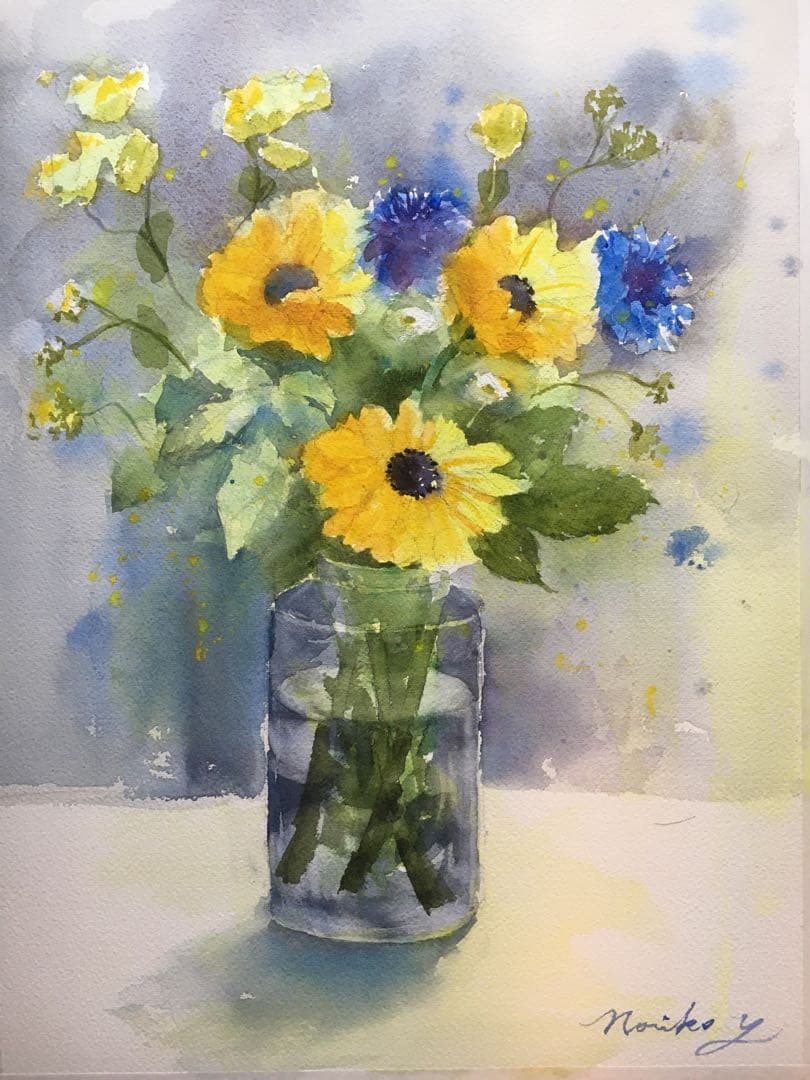 透明水彩画原画夏の花束ひまわり