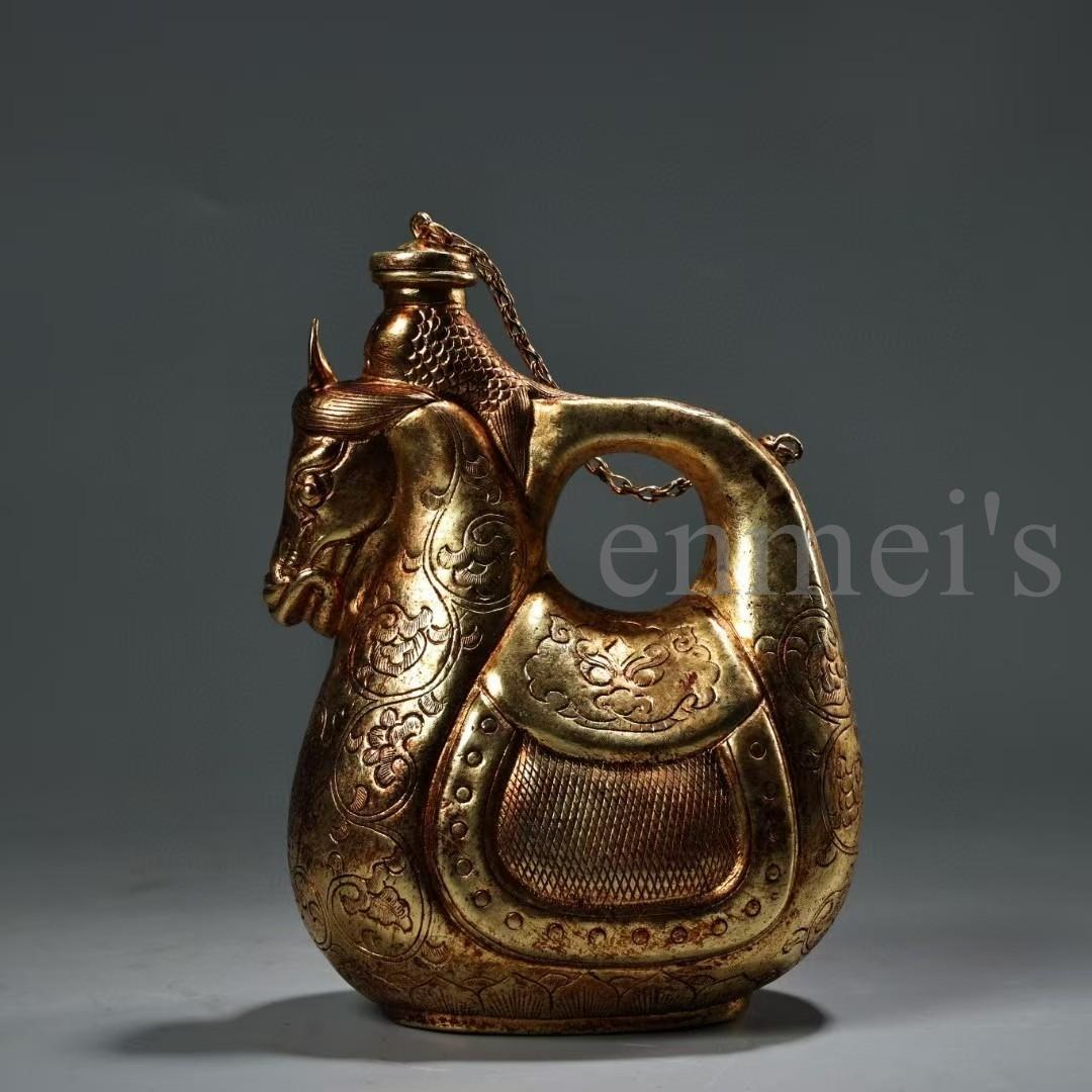 中国古美術・珍蔵純銅製・鎏金・酒器・馬壺／馬の頭型水差し・純手作り・茶道具・酒具