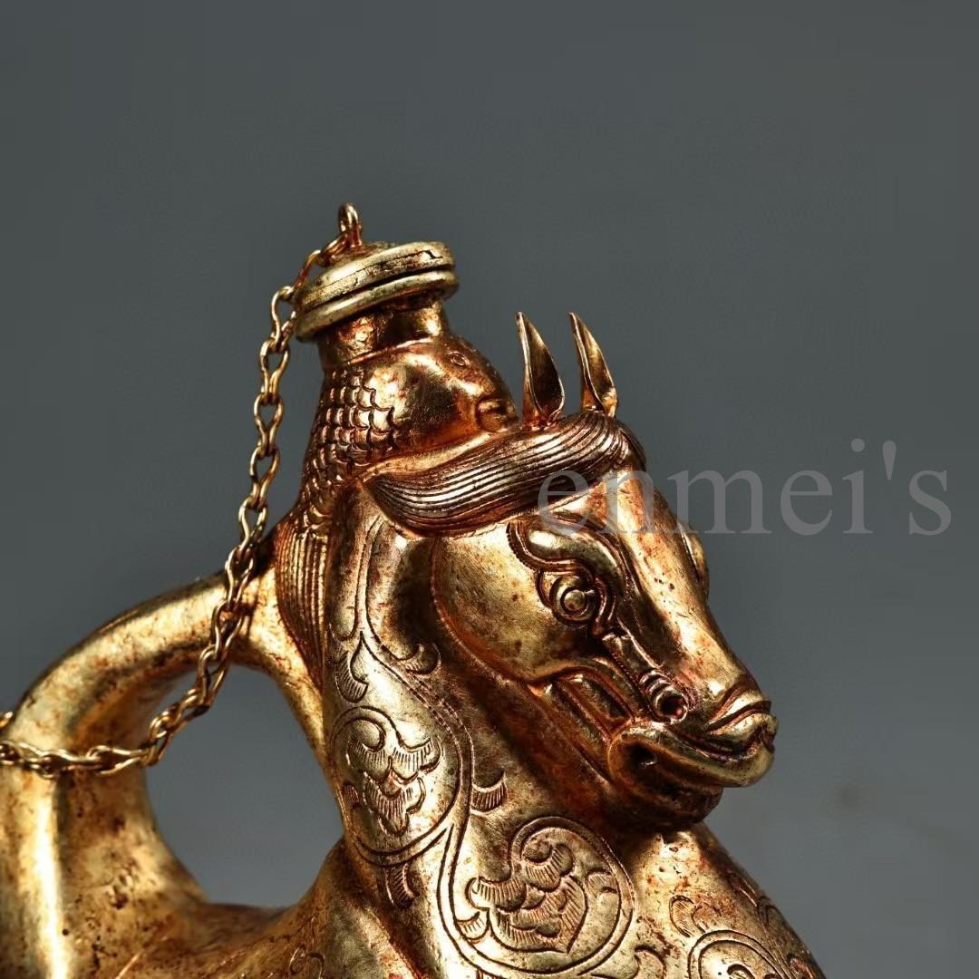 中国古美術・珍蔵純銅製・鎏金・酒器・馬壺／馬の頭型水差し・純手作り・茶道具・酒具