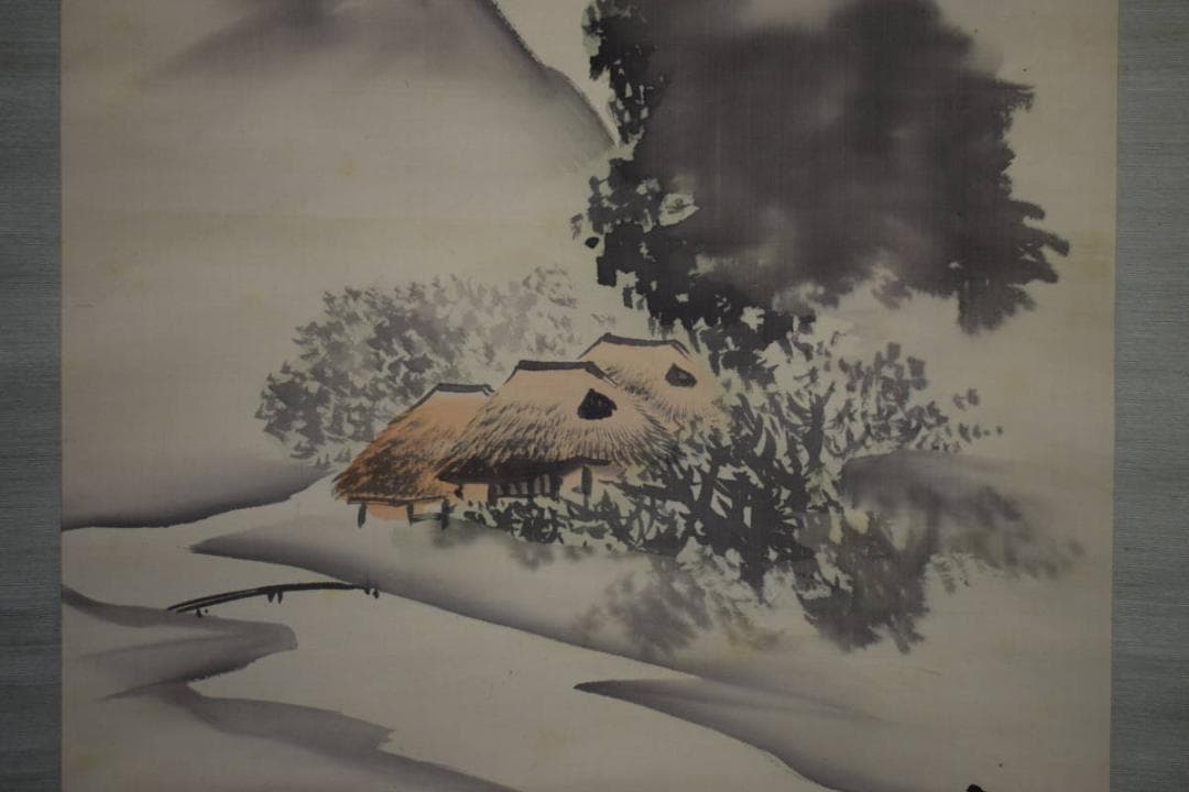 真作/（画）玉雪/（賛）巖谷小波/夏山水図/桐題箱付/布袋屋掛軸HI-182