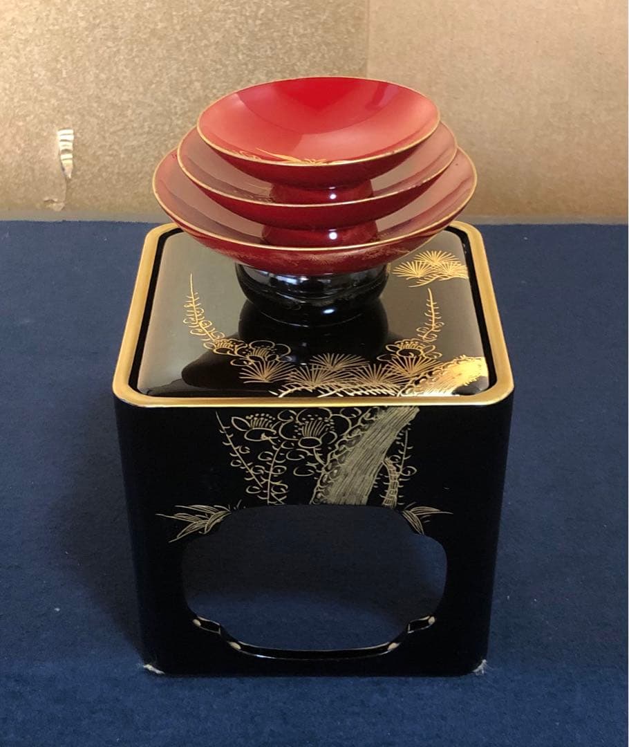 《R》黒塗 沈金松竹梅図 屠蘇器 元箱　260108き1