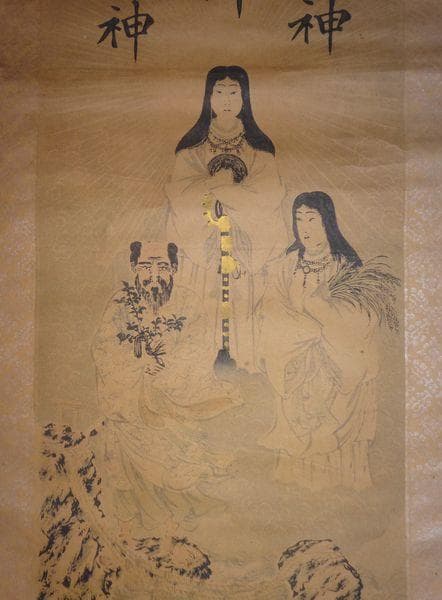 1890年 二見興玉神社 三神 天照皇大神 豊受大神 猿田彦神 天狗 紙本 掛軸