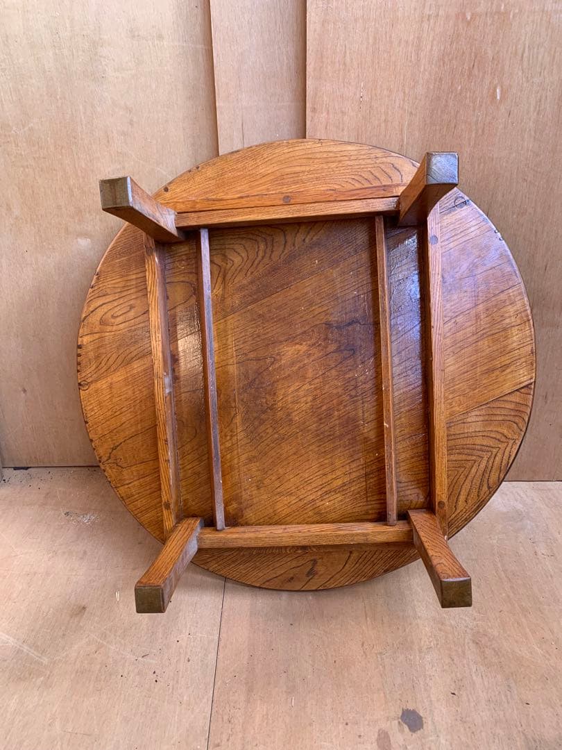 MoeMoe　古い木味の丸ちゃぶ台　折り畳み収納式　古家具