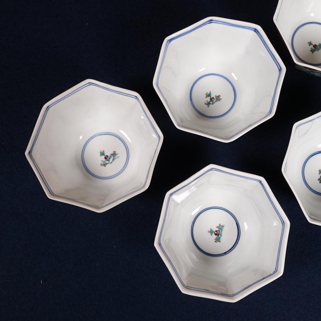 九谷焼 堀江青光 九谷聖城窯 牡丹割取 八角小鉢 5客 共箱