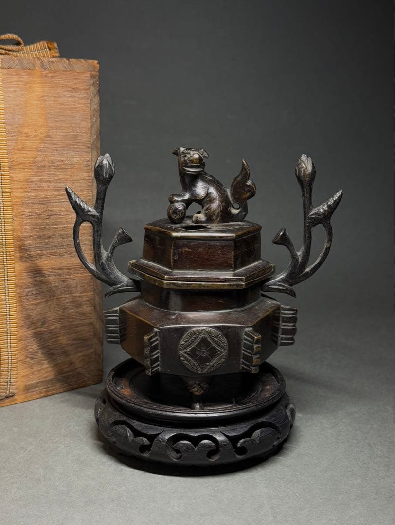 銅製 香炉 獅子蓋 銅炉 銅器 香道具 茶道具 仏具 台付 箱付