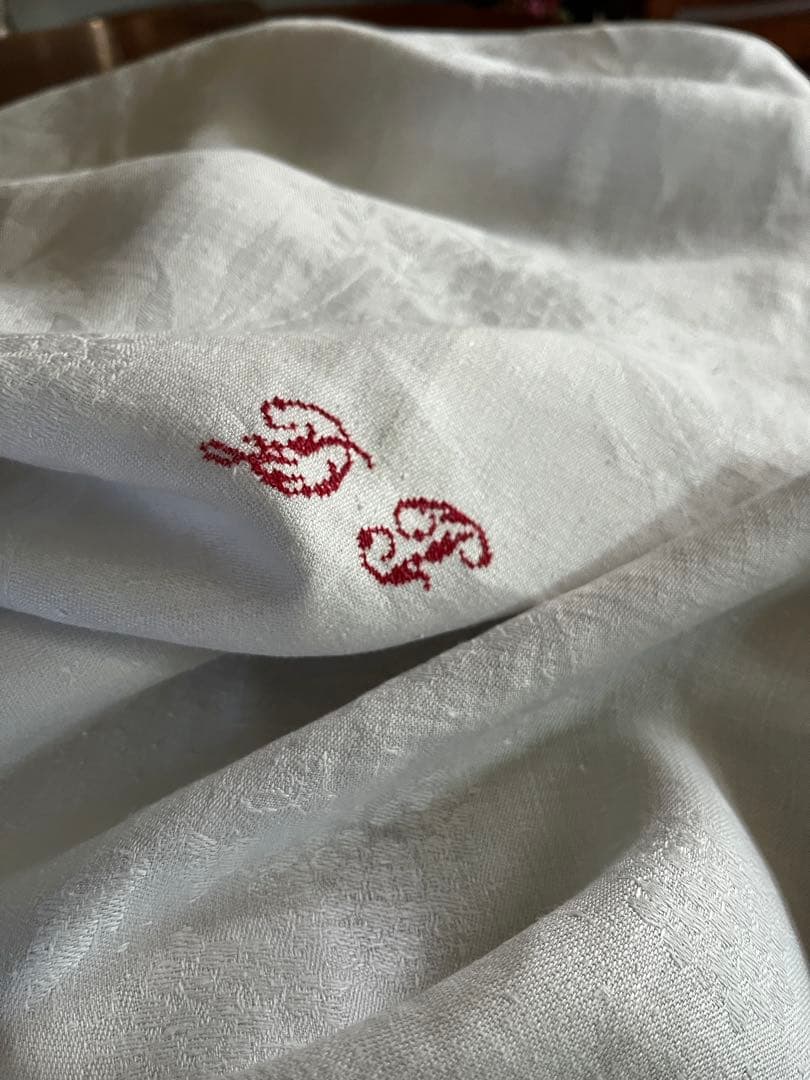 ◆フランスアンティーク｜大判リネン赤イニシャル刺繍テーブルマルチクロスダマスク織
